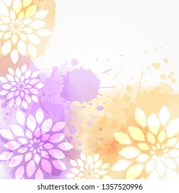 Abstract background with watercolor colorful splashes and flowers. Purple and yellow colored. Template for your designs, such as wedding invitation, greeting card, posters, etc.