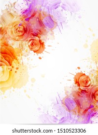 Abstract background with watercolor colorful splashes and rose flowers. Purple and orange colored. Template for your designs, such as wedding invitation, greeting card, posters, etc.