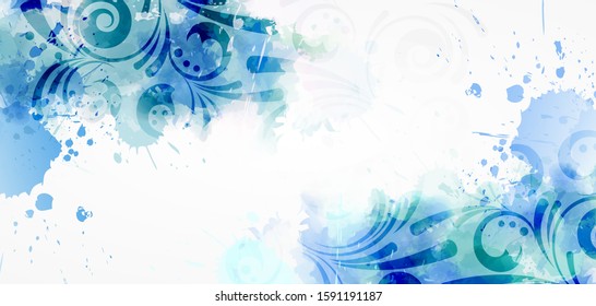 Abstract background with watercolor colorful splashes and floral swirl ornaments. Blue colored. Template for your designs, such as wedding invitation, greeting card, posters, etc. Horizontal banner.