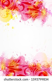 Abstract background with watercolor colorful splashes and floral swirl ornaments. Pink and yellow colored. Template for your designs, such as wedding invitation, greeting card, posters, etc.