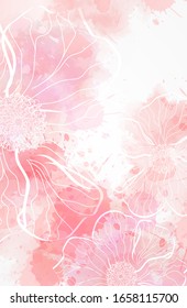 Abstract background with watercolor colorful splashes and floral ornaments. Pink colored. Template for your designs, such as wedding invitation, greeting card, posters, etc.