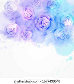 Abstract background with watercolor colorful splashes and rose flowers. Purple and blue colored. Template for your designs, such as wedding invitation, greeting card, posters, etc.