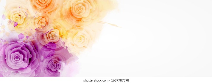 Abstract background with watercolor colorful splashes and rose flowers. Purple and yellow colored. Template for your designs, such as wedding invitation, greeting card, posters, etc.