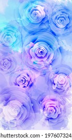 Abstract background with watercolor colorful splashes and rose flowers. Purple and blue colored. Template for your designs, such as wedding invitation, greeting card, posters, etc.