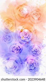 Abstract background with watercolor colorful splashes and rose flowers. Purple and orange colored. Template for your designs, such as wedding invitation, greeting card, posters, etc.