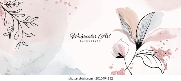 Abstract background watercolor with flower leaves and pink gold drops