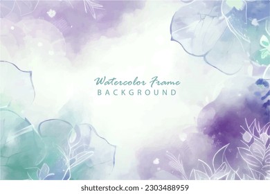 Abstract background watercolor with flower petals decorative frame with leaf in violet, lavender and turquoise tones