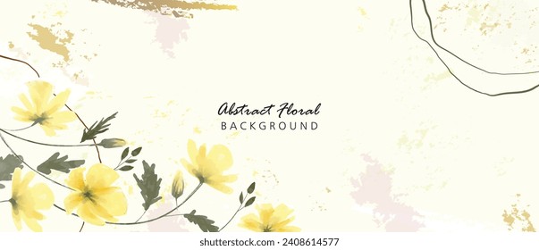 Abstract background watercolor flower. Abstract spring floral art background. Watercolor botanical flower and gold brush texture. Luxury design for wallpaper, poster, banner, card, print, and web.