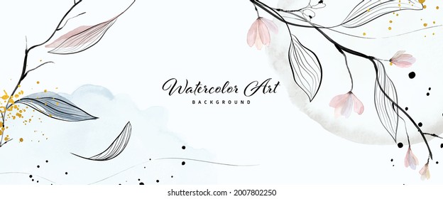 Abstract background watercolor gentle flower leaves and gold drops