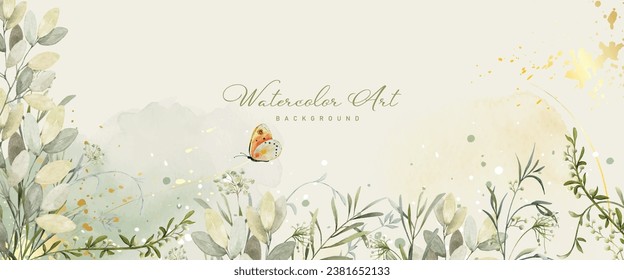 Abstract background watercolor green botanical and gold splash