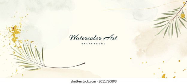 Abstract background watercolor with green leaves decorative gold drops