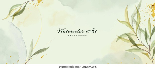 Abstract background watercolor with green leaves decorative gold drops - Shutterstock ID 2012790245