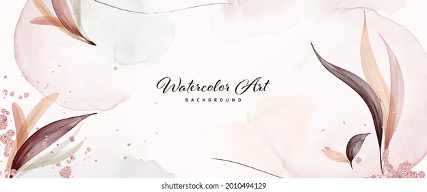 Abstract background watercolor with leaves and pink gold drops