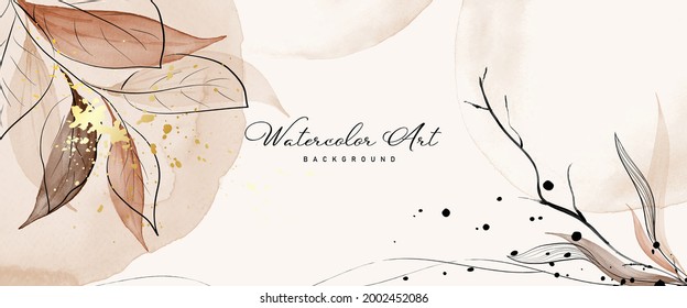 Abstract background watercolor light brown botanical and gold splash