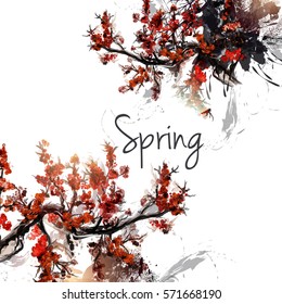 Abstract background with watercolor painted cherry tree branches in Chinese style