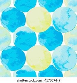 Abstract background with watercolor painted circles in blue, green and yellow. Seamless pattern in marine color. Template for your design. Vector illustration