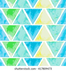 Abstract background with watercolor painted triangles in blue, green and yellow. Seamless pattern in marine color. Template for your design. Vector illustration