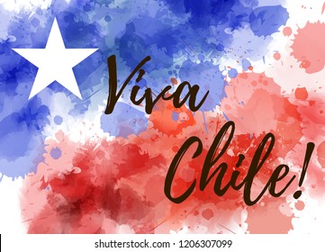 Abstract background with watercolor splashes in Chile flag colors. Viva Chile calligraphy text. Background for national holidays.
