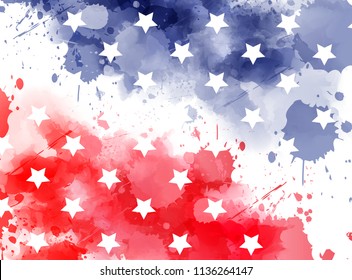 Abstract background with watercolor splashes in flag colors for USA. Template background for national holidays - Independence day, Memorial day, Labor day etc. Blue and red colored with stars. 