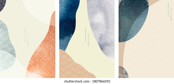 Abstract background with watercolor texture vector. Curve element with Japanese wave pattern in vintage style.