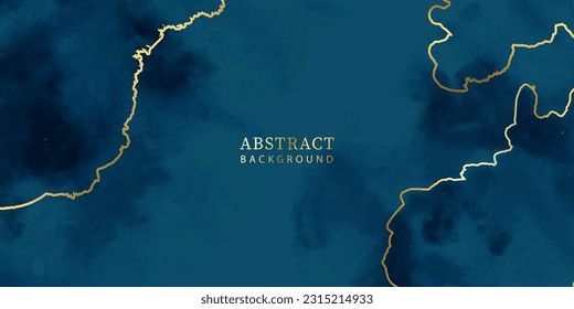 Abstract background with watercolor texture.Elegant design for postcards, covers, promotional materials, invitations and more.Dark blue paint with gold curved lines.
