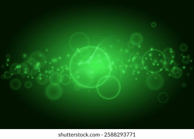 Abstract background with wave and circles in acid green color. Bokeh effect. Beautiful shimmering highlights light effect. Vector illustration.