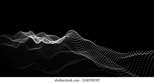Abstract background wave grid from dots on black. Technology concept. Vector illustration.