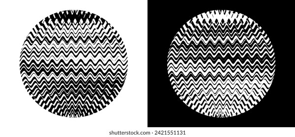 Abstract background with wave lines in circles. A black figure on a white background and the same white figure on the black side.