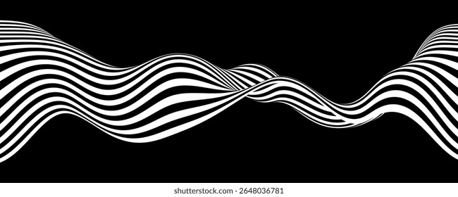 Abstract background with wave lines. Dynamic abstract vector design. 3D optical illusion- line art. Curved smooth shape on black background.