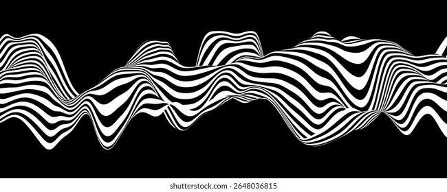 Abstract background with wave lines. Dynamic abstract vector design. 3D optical illusion- line art. Curved smooth shape on black background.