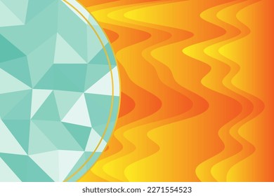 Abstract background with wave shapes and lowpoly texture ornament. Collage of curves background and triangular texture on circular shape ornament. 