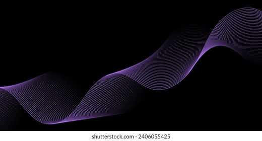 Abstract background with waves for banner. Medium banner size. Vector background with lines. Element for design isolated on black. Black and purple