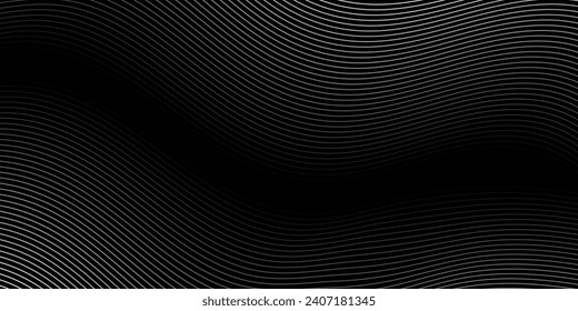 Abstract background with waves for banner. Medium banner size. Vector background with lines. Element for design isolated on black. Black and white