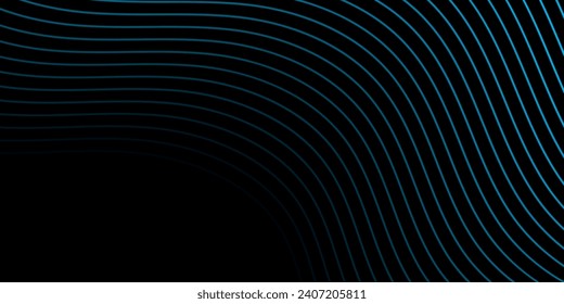 Abstract background with waves for banner. Medium banner size. Vector background with lines. Element for design isolated on black. Black and blue. Ocean, night, card