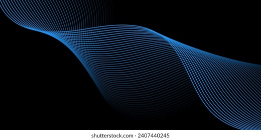Abstract background with waves for banner. Medium banner size. Vector background with lines. Element for design isolated on black. Black and blue. Ocean, night, card