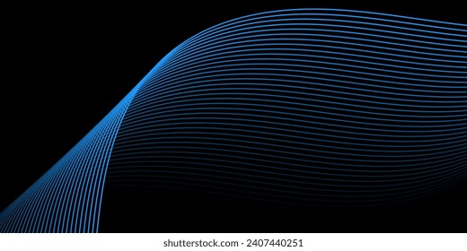 Abstract background with waves for banner. Medium banner size. Vector background with lines. Element for design isolated on black. Black and blue. Ocean, night, card