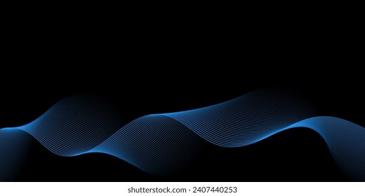 Abstract background with waves for banner. Medium banner size. Vector background with lines. Element for design isolated on black. Black and blue. Ocean, night, card