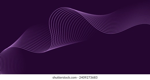 Abstract background with waves for banner. Medium banner size. Vector background with lines. Element for design isolated on dark purple. Purple color. Ocean, night. Brochure, booklet
