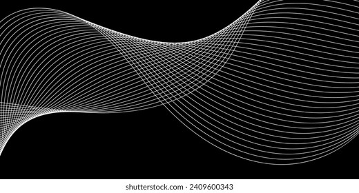 Abstract background with waves for banner. Medium banner size. Vector background with lines. Element for design isolated on black. Black and white. Brochure, booklet