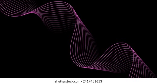 Abstract background with waves for banner. Medium banner size. Vector background with lines. Element for design isolated on black. Black and pink. Brochure