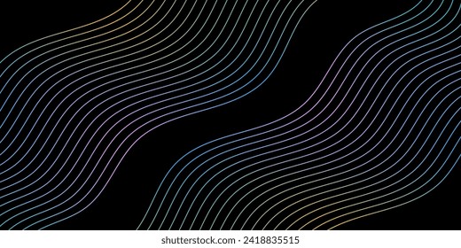 Abstract background with waves for banner. Medium banner size. Vector background with lines. Element for design isolated on black. Colorful gradienr. Brochure
