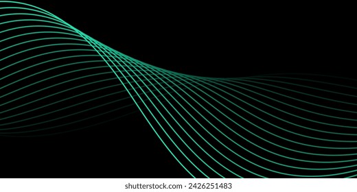 Abstract background with waves for banner. Medium banner size. Vector background with lines. Element for design isolated on black. Green and black gradient. Turquoise color. Brochure, booklet
