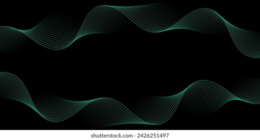 Abstract background with waves for banner. Medium banner size. Vector background with lines. Element for design isolated on black. Green and black gradient. Turquoise color. Brochure, booklet