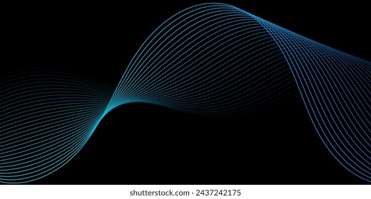 Abstract background with waves for banner. Medium banner size. Vector background with lines. Element for design isolated on black. Black and blue gradient. Brochure, booklet, flyer. Dark, night, ocean