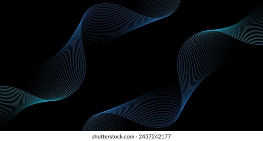 Abstract background with waves for banner. Medium banner size. Vector background with lines. Element for design isolated on black. Black and blue gradient. Brochure, booklet, flyer. Dark, night, ocean