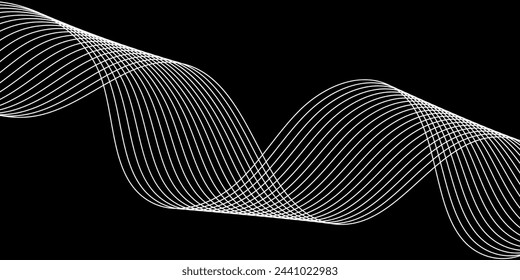 Abstract background with waves for banner. Medium banner size. Vector background with lines. Element for design isolated on black. Black and white. Brochure, booklet, flyer