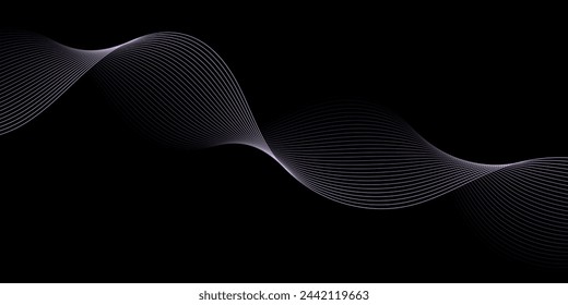 Abstract background with waves for banner. Medium banner size. Vector background with lines. Element for design isolated on black. Black and purple gradient. Brochure, booklet. Night, dark