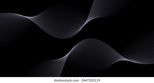 Abstract background with waves for banner. Medium banner size. Vector background with lines. Element for design isolated on black. Black and purple gradient. Brochure, booklet. Night, dark