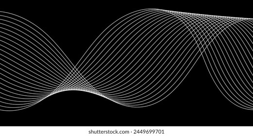 Abstract background with waves for banner. Medium banner size. Vector background with lines. Element for design isolated on black. Black and white. Brochure, booklet, flyer