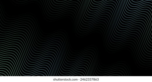 Abstract background with waves for banner. Medium banner size. Vector background with lines. Element for design isolated on black. Black, green and blue. Ocean, night, card